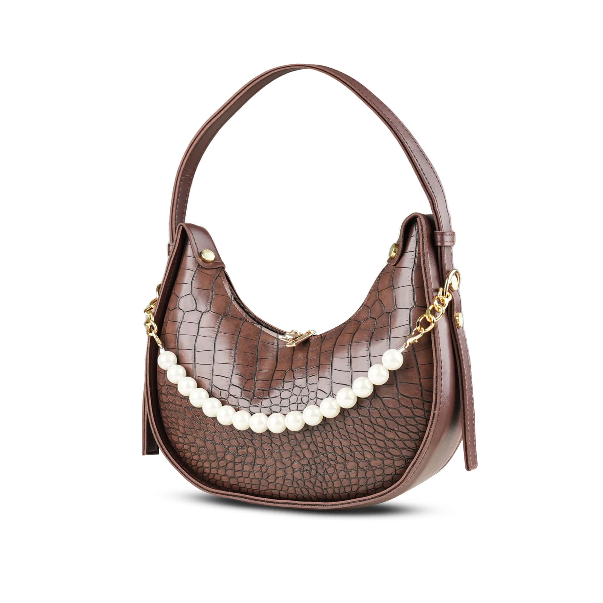 Brown Croc-Embossed Bag with Pearl Chain