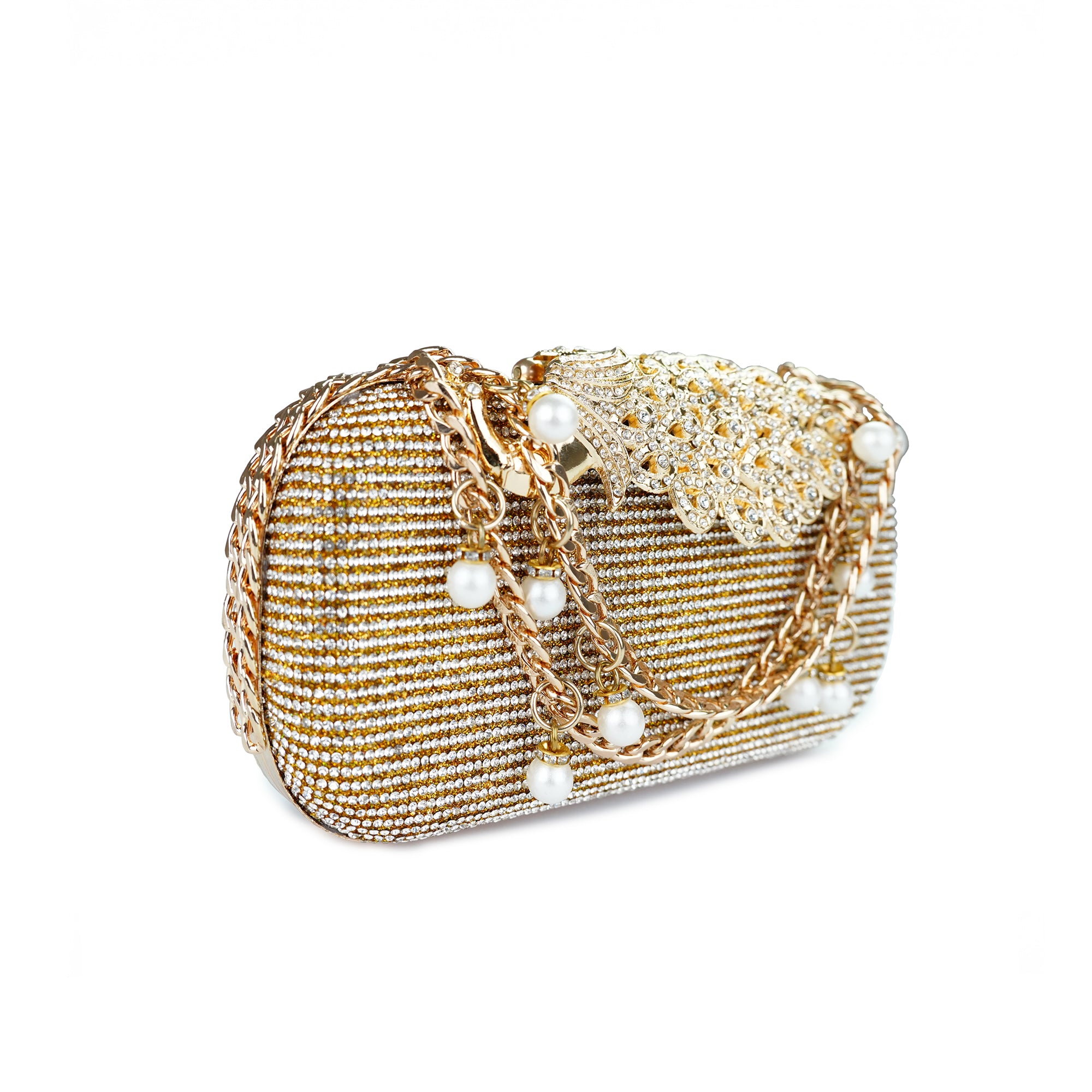 Golden Elegant Pearl-Embellished Clutch