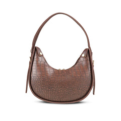 Brown Croc-Embossed Bag with Pearl Chain