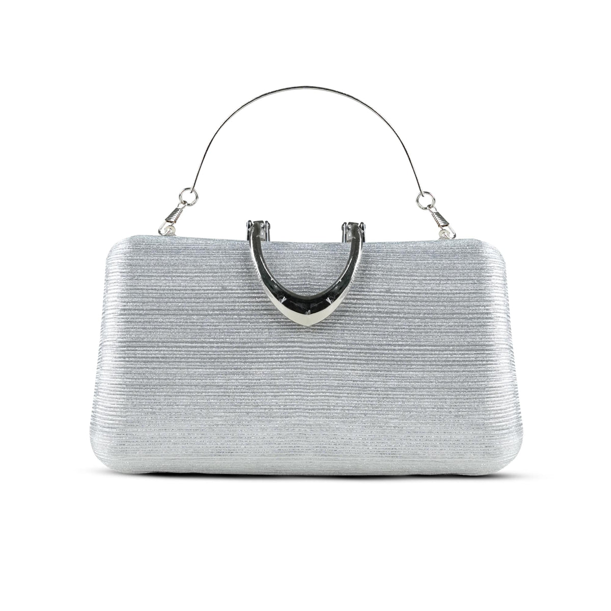 Silver Textured Clutch with Metal Handle