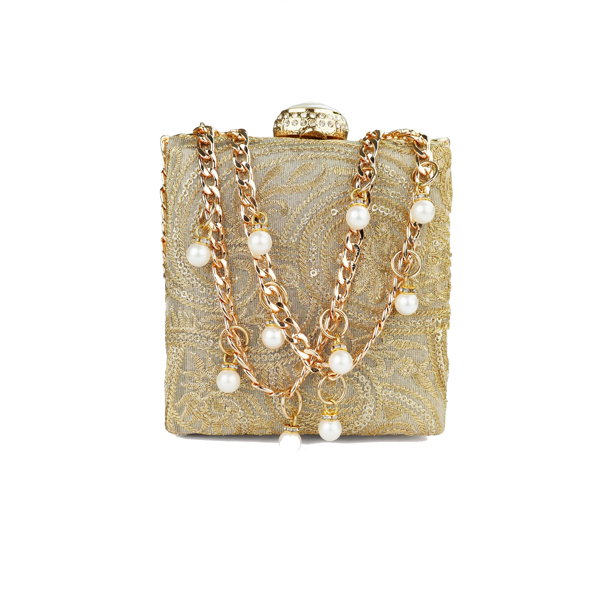 Gold Pearl Embellished Clutch with Chain Strap