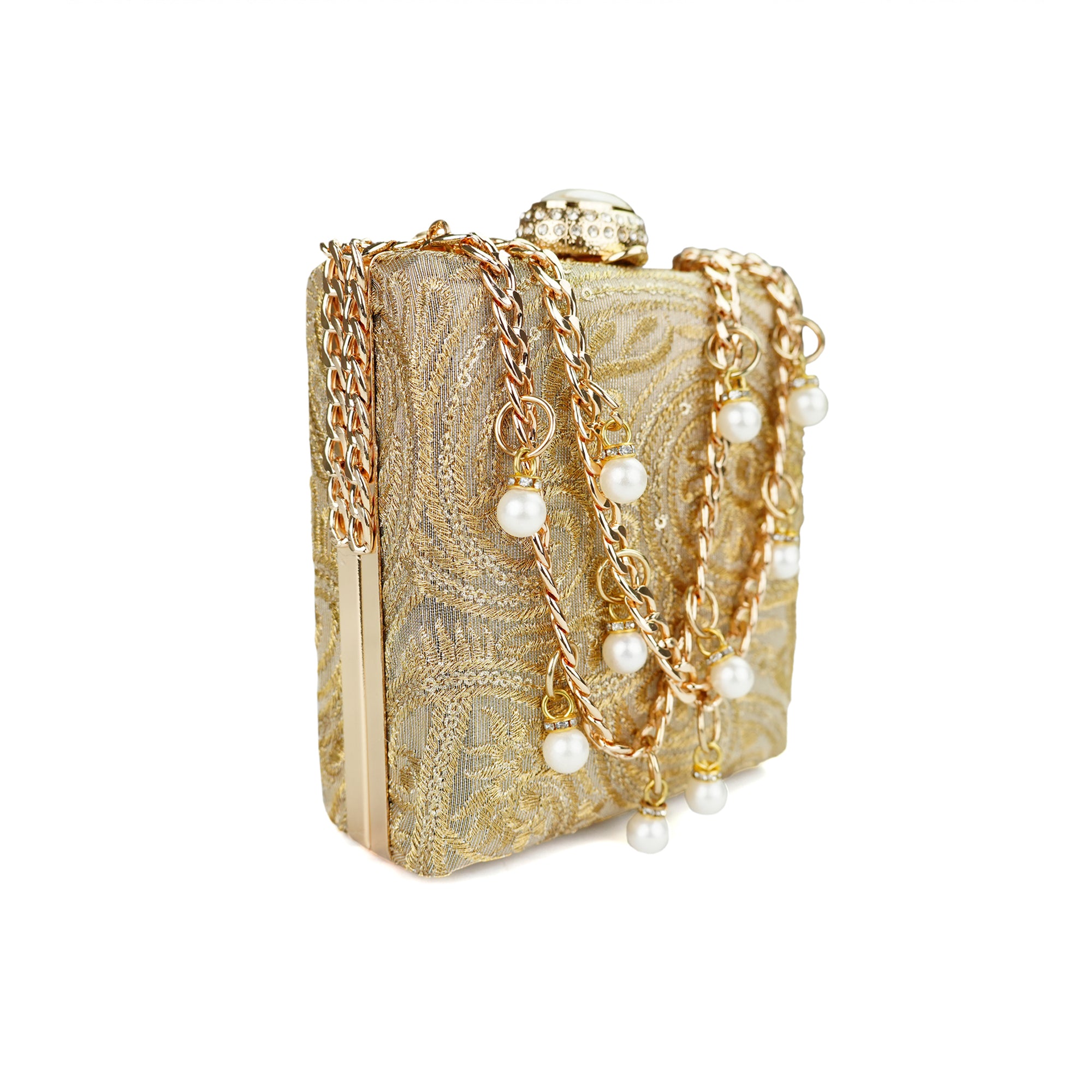 Gold Pearl Embellished Clutch with Chain Strap