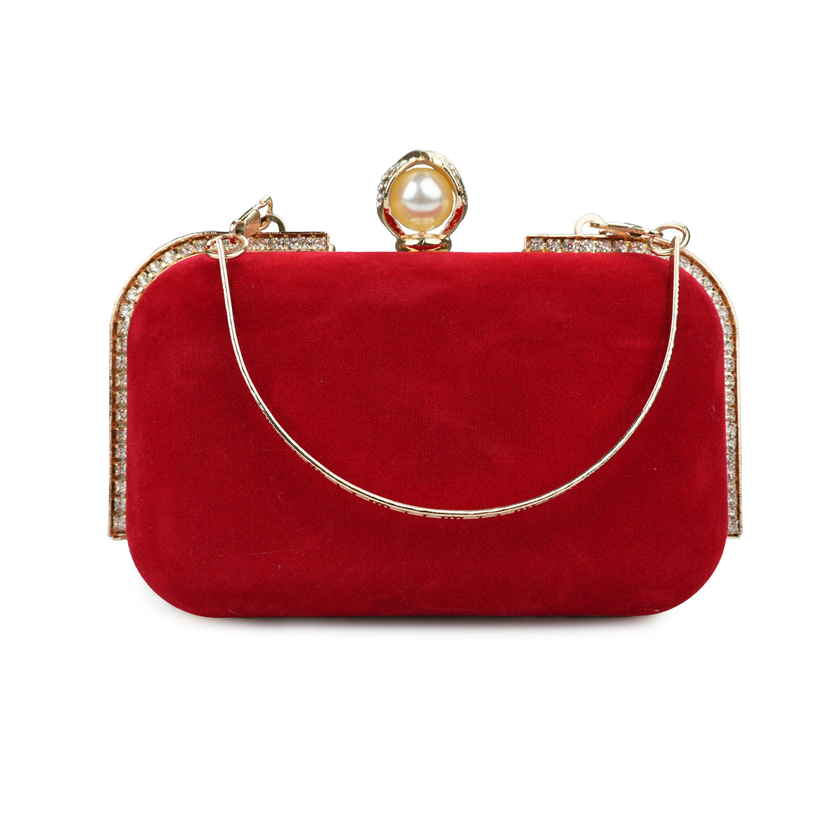 Elegant Red Velvet Clutch with Pearl Accent and Gold Detailing