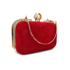 Elegant Red Velvet Clutch with Pearl Accent and Gold Detailing