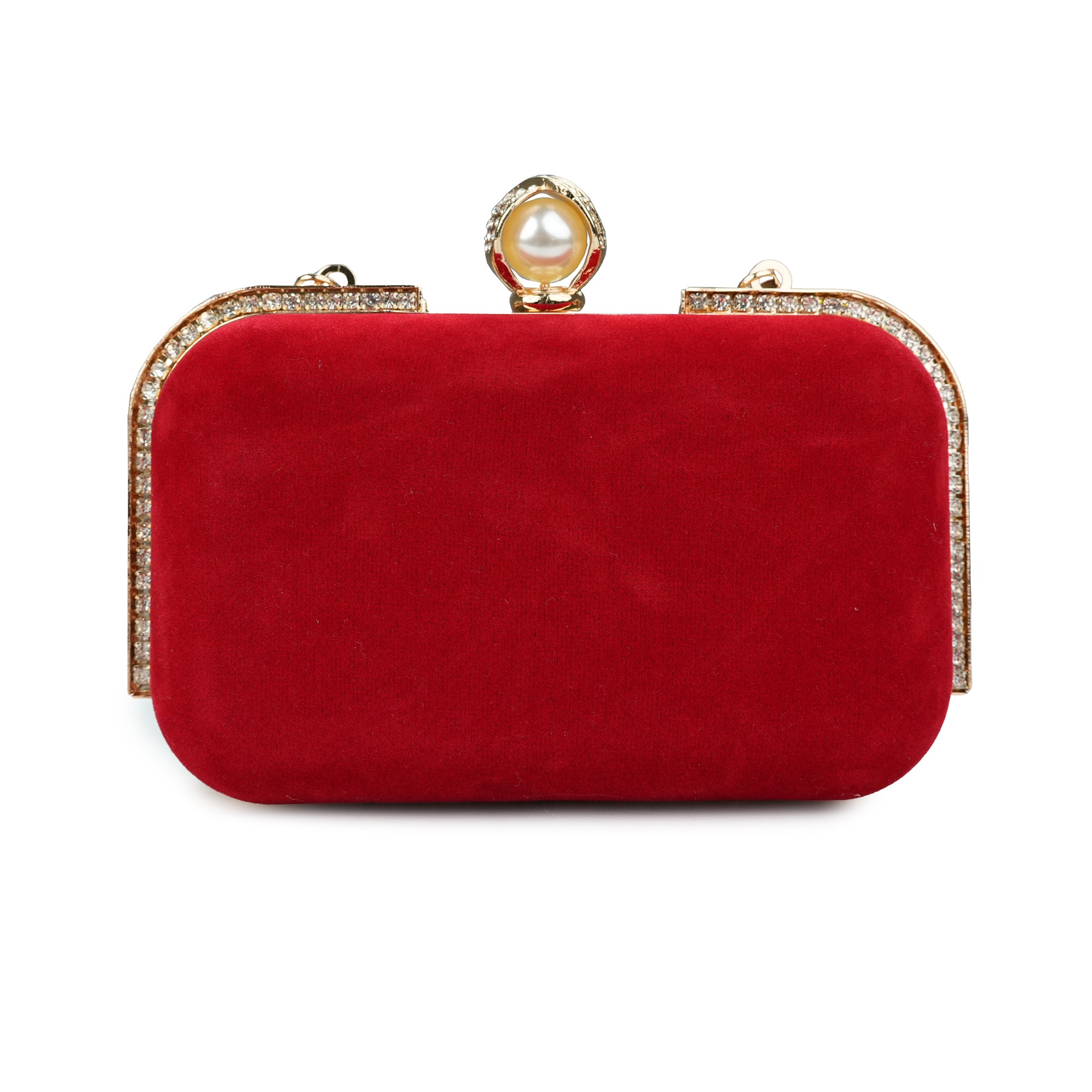 Elegant Red Velvet Clutch with Pearl Accent and Gold Detailing