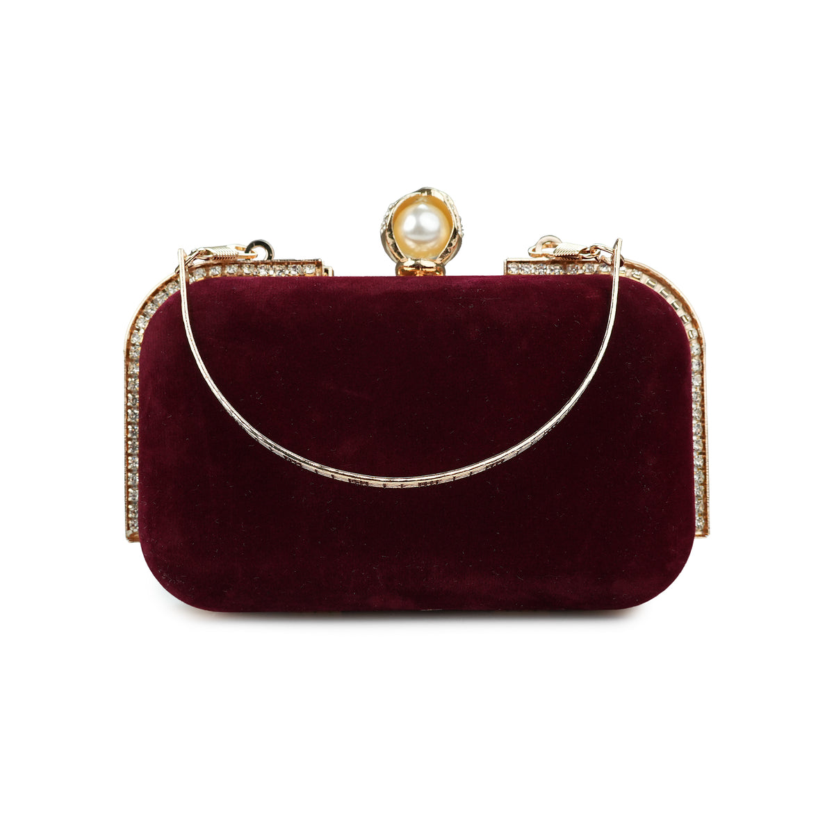 Rich Burgundy Velvet Clutch with Gold and Pearl Accent