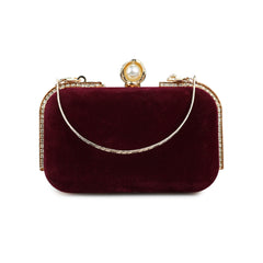 Rich Burgundy Velvet Clutch with Gold and Pearl Accent