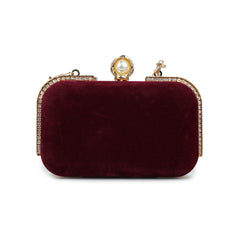 Rich Burgundy Velvet Clutch with Gold and Pearl Accent