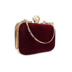 Rich Burgundy Velvet Clutch with Gold and Pearl Accent