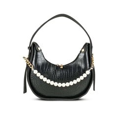 Black Croc-Embossed Bag with Pearl Chain