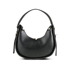 Black Croc-Embossed Bag with Pearl Chain