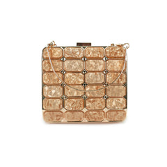 Geometric Gold-Tone Box Clutch with Crystal Detailing