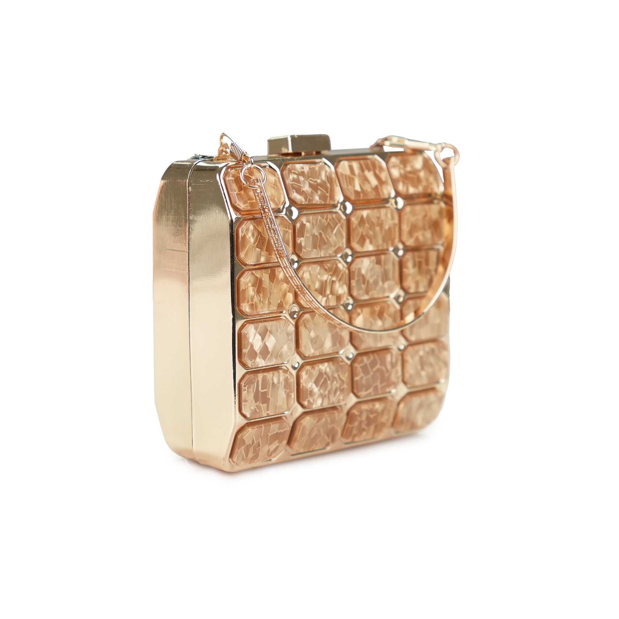 Geometric Gold-Tone Box Clutch with Crystal Detailing