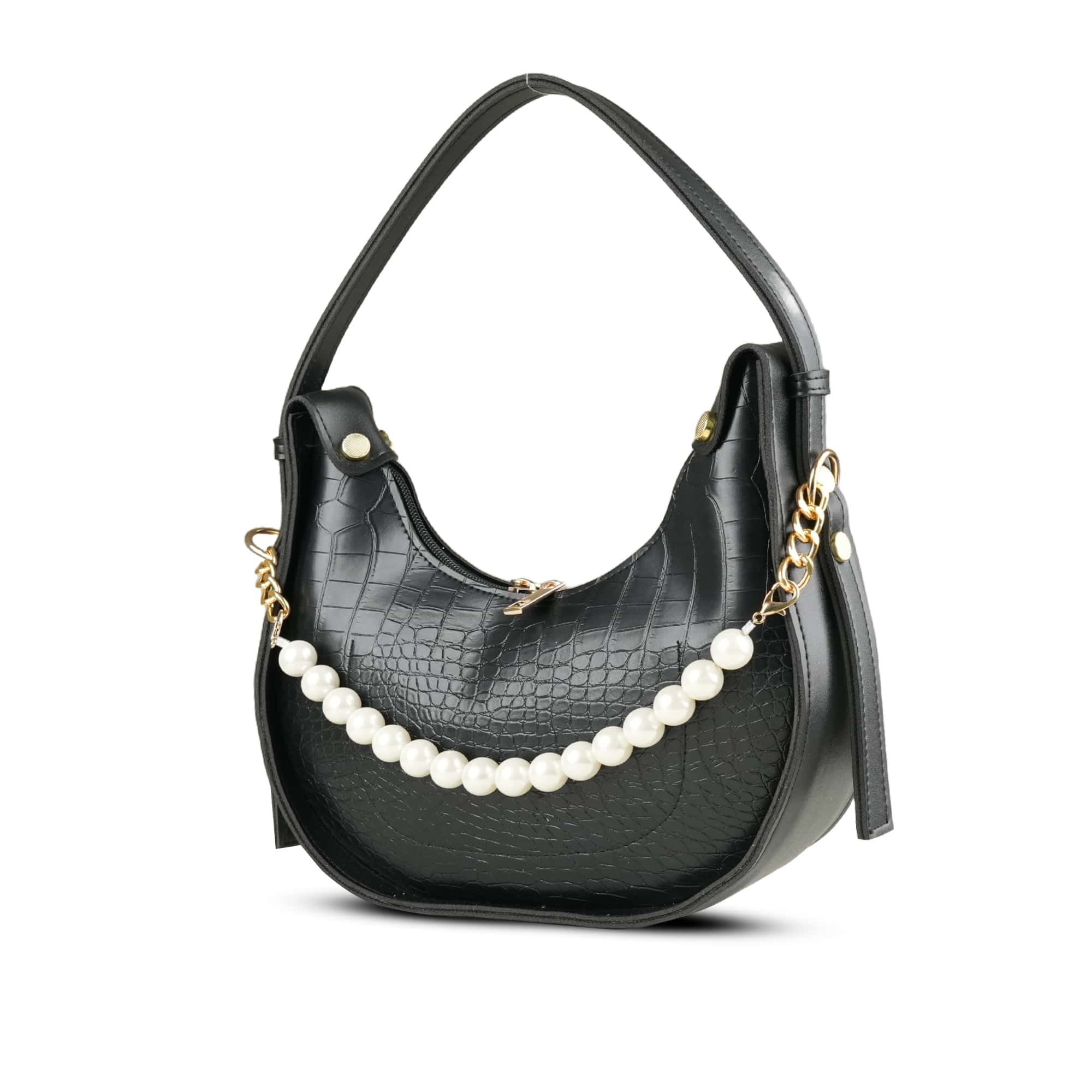 Black Croc-Embossed Bag with Pearl Chain