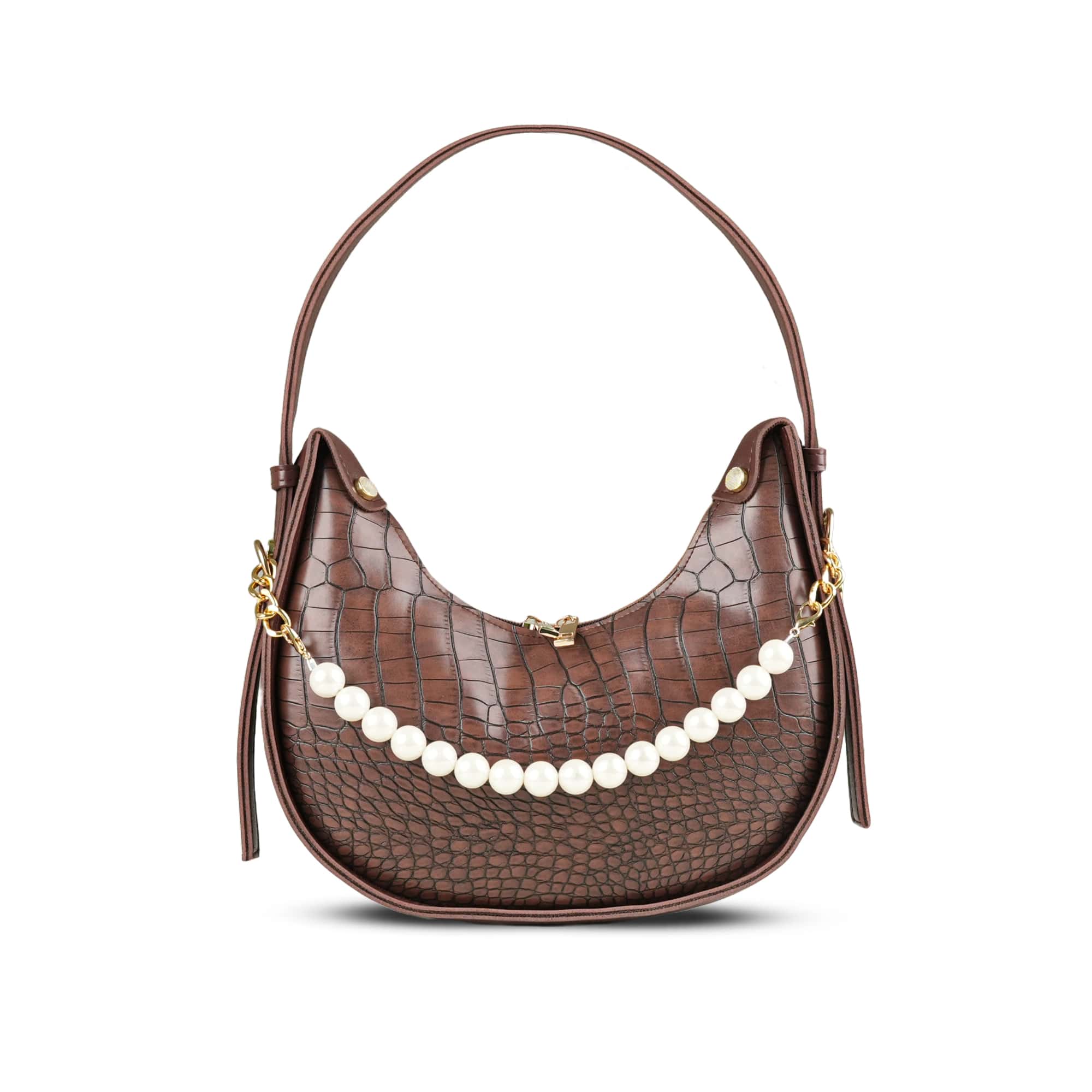 Brown Croc-Embossed Bag with Pearl Chain