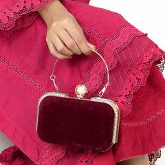 Rich Burgundy Velvet Clutch with Gold and Pearl Accent